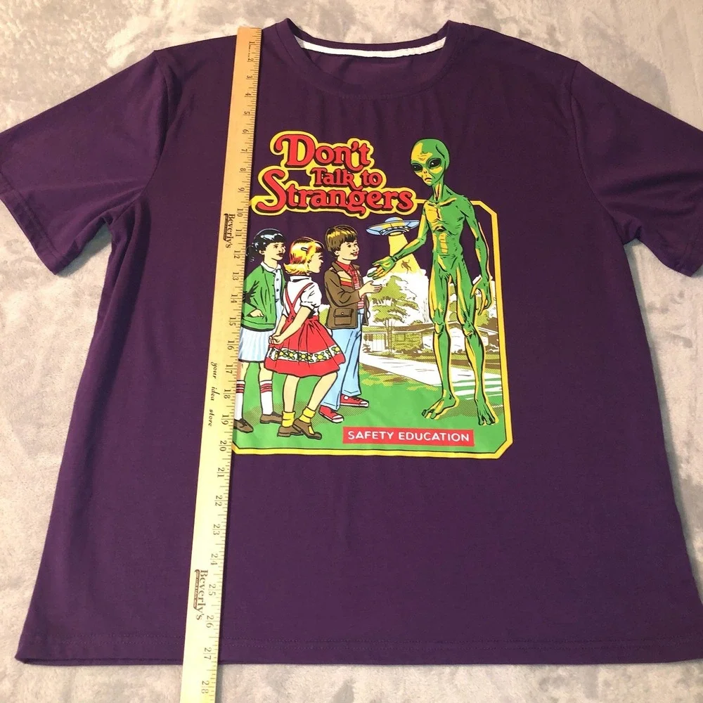 Romwe Don't Talk To Strangers Purple Unisex‎ T-Shirt Size Large Alien Safety Ed